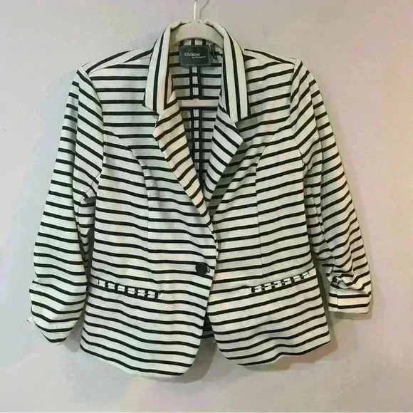 NWOT Christian Siriano Women’s Balck Striped Blazer Cardigan Jacket - Picture 1 of 5